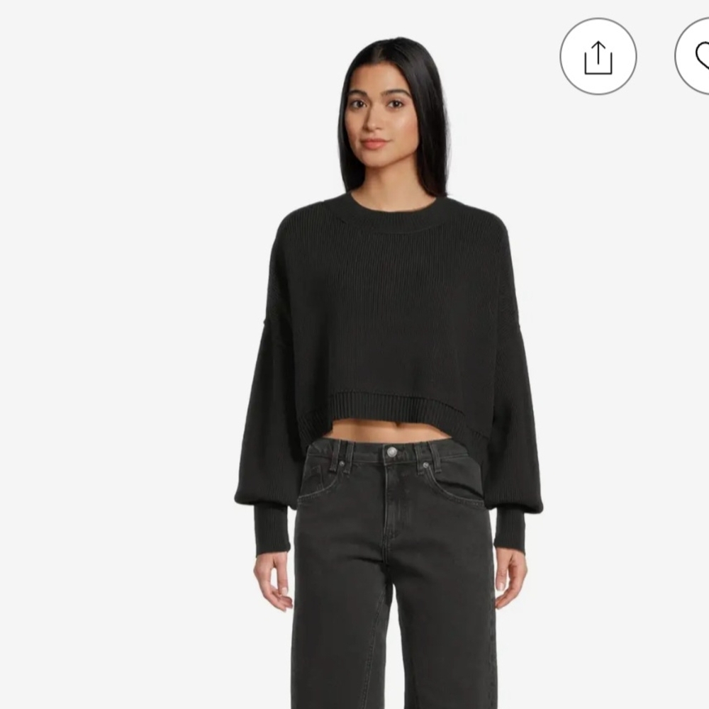 Free People Black Crew Neck Cropped Sweater